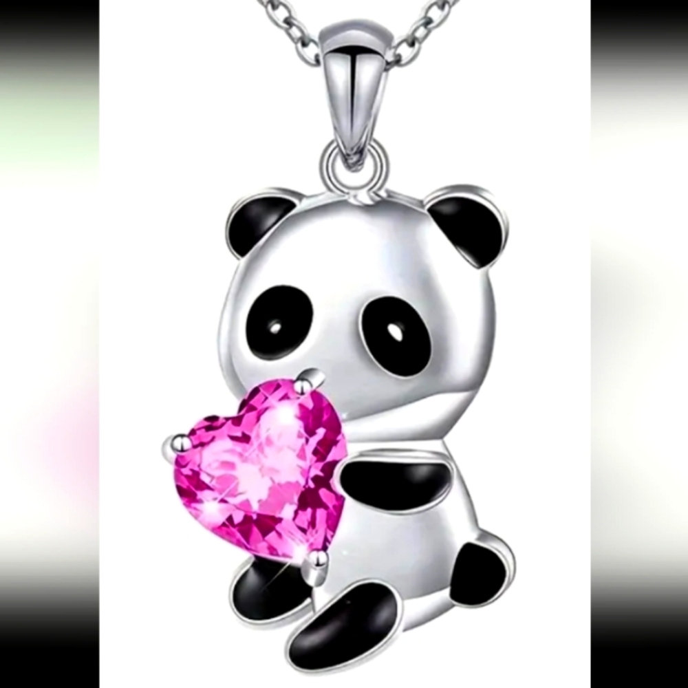 PANDA SILVER NECKLACE PENDANT / BLACK ENAMEL /PINK TOPAZ